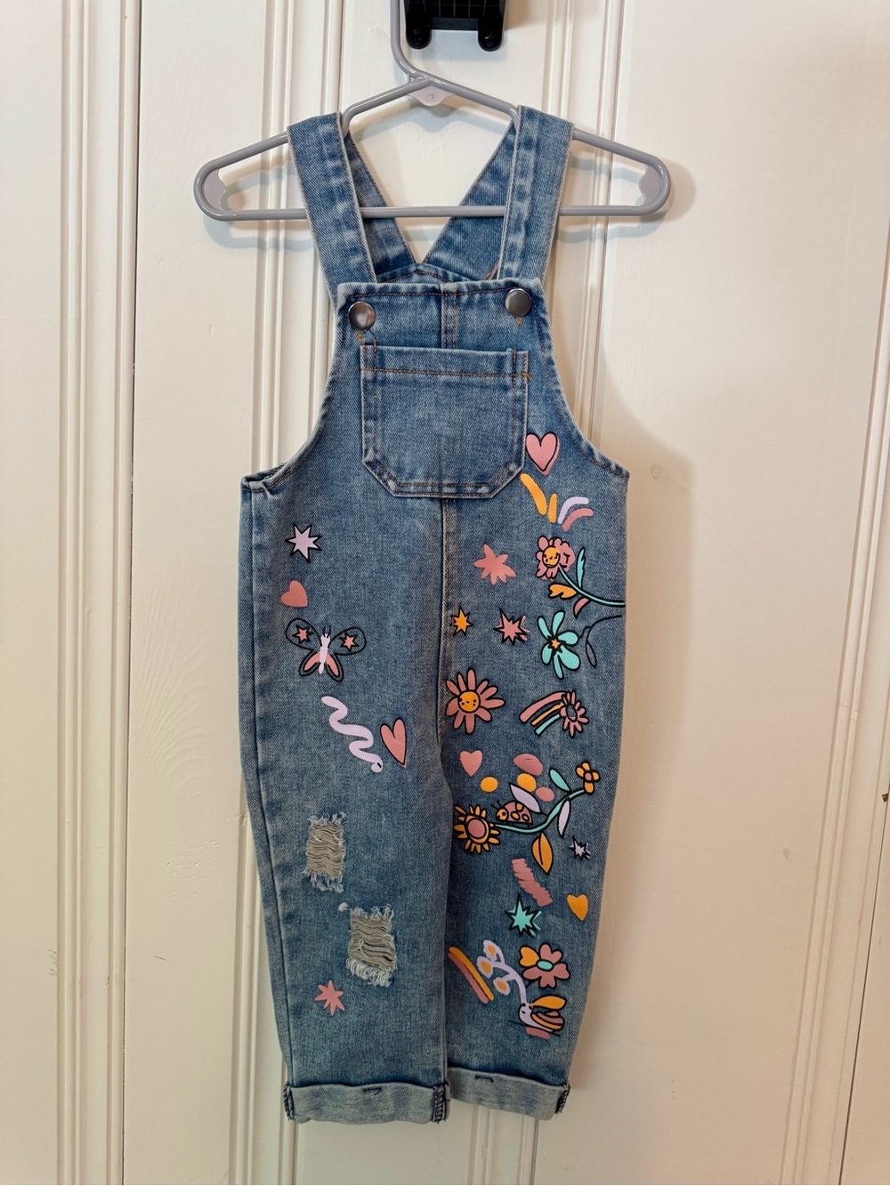Kids Denim Overalls with Floral & Heart Prints